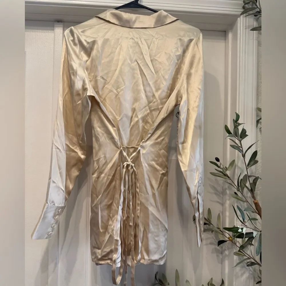 new Reformation Camilla silk belted blouse in almond - Picture 7 of 8